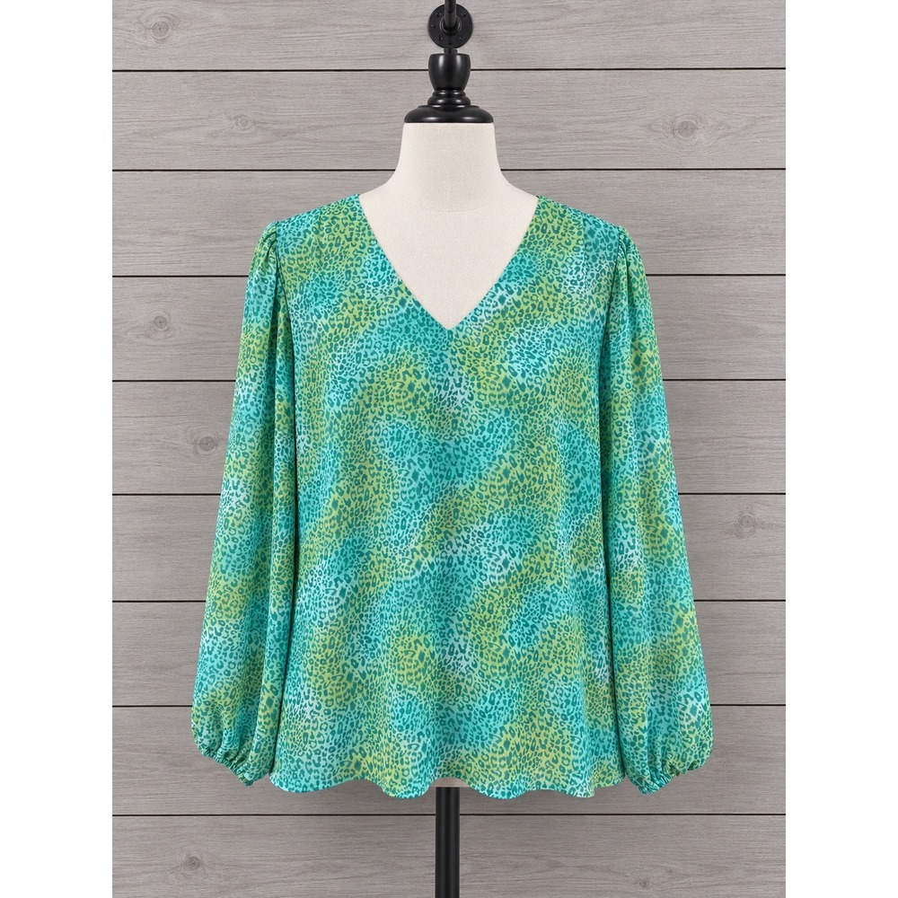Belle by Kim Gravel Mixed Media Animal Print Blouse Large Green Ruffle A568880